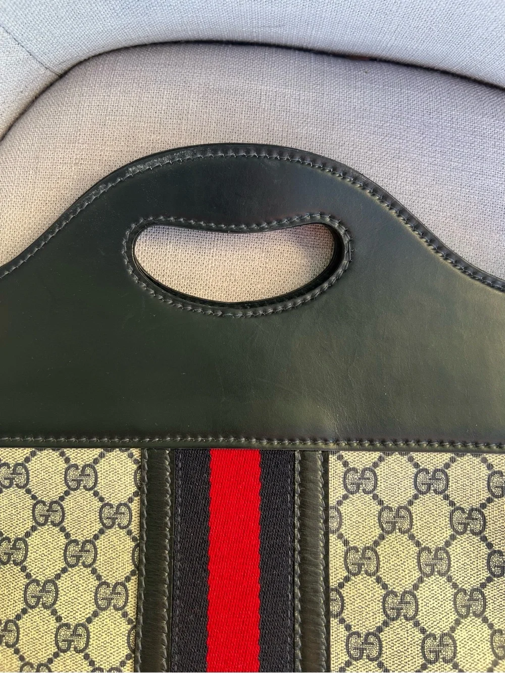 Gucci Old Sherry Line GG Logo Leather Handbag Tote Red Navy blue